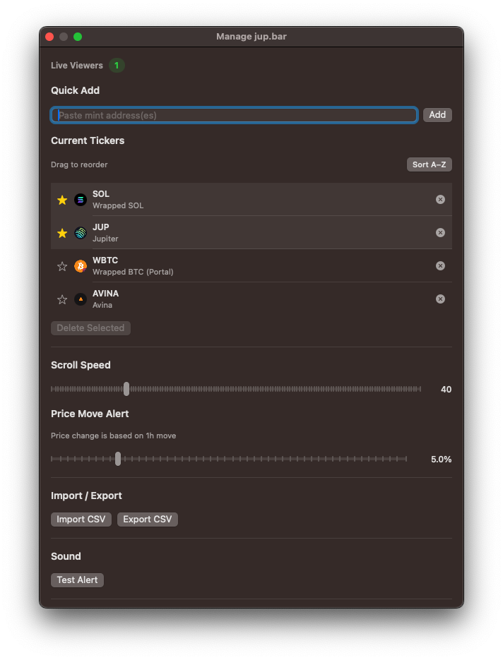 JupBar manage tickers window